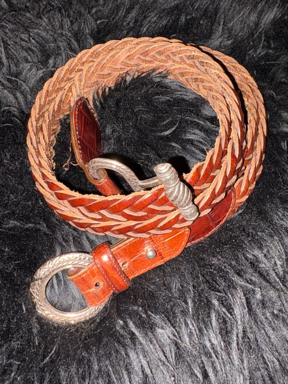 Braided Leather  Belt with Decorative Silver Buckles - Brown